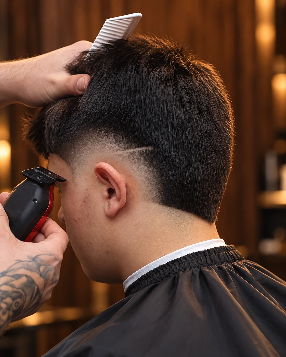 A STOIL STYLE haircut in progress, showing a clean fade and shaved line design